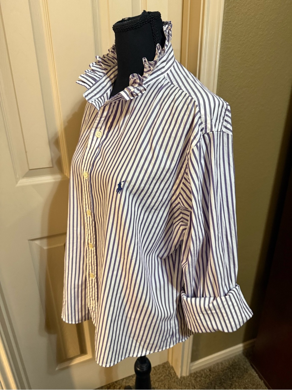 Upcycled Men’s Ralph Lauren Purple Striped Button-Up Shirt with Ruffle Colla - Picture 3 of 8